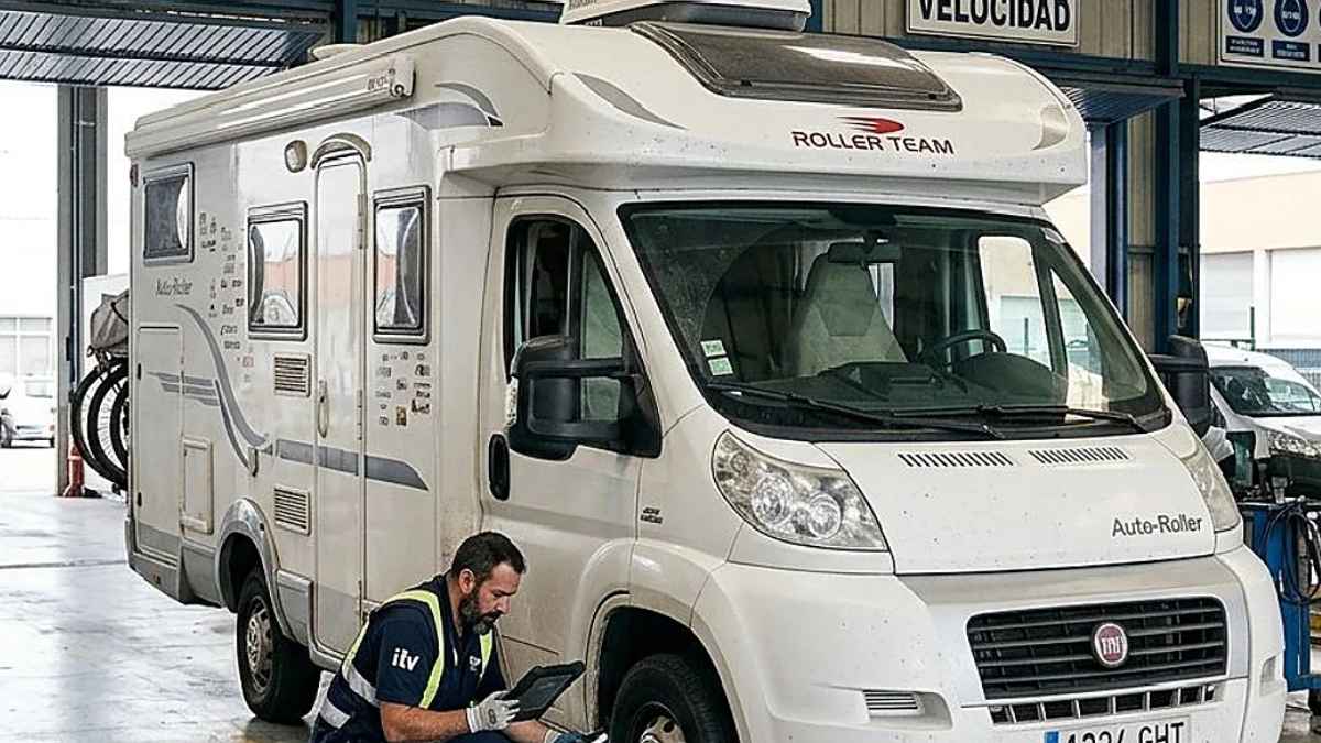 Una autocaravana pasa la ITV en una estación de inspección tras los nuevos plazos establecidos por la DGT para estos vehículos.