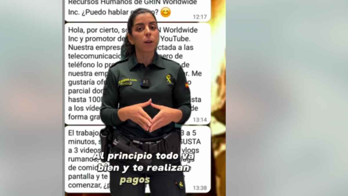 Agente de la Guardia Civil explica cómo funciona la estafa de los likes en WhatsApp y Telegram con un ejemplo de mensajes fraudulentos.