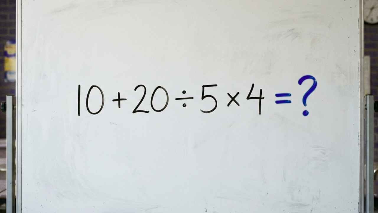 Pizarra con la expresión matemática 10 + 20 ÷ 5 × 4 y un signo de interrogación