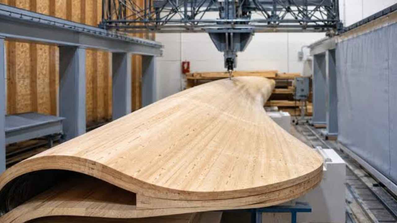 Proceso industrial de fabricación de una pala eólica de madera laminada en Navarra.
