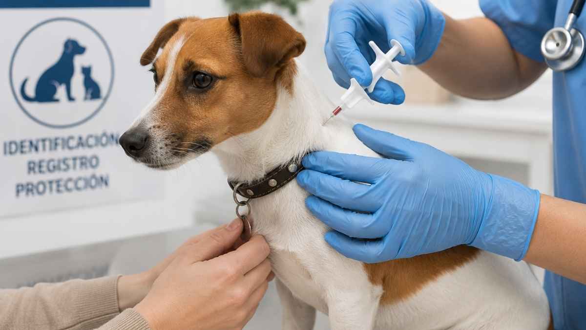 Veterinario implantando un microchip de identificación a un perro en una clínica para cumplir la nueva normativa europea.