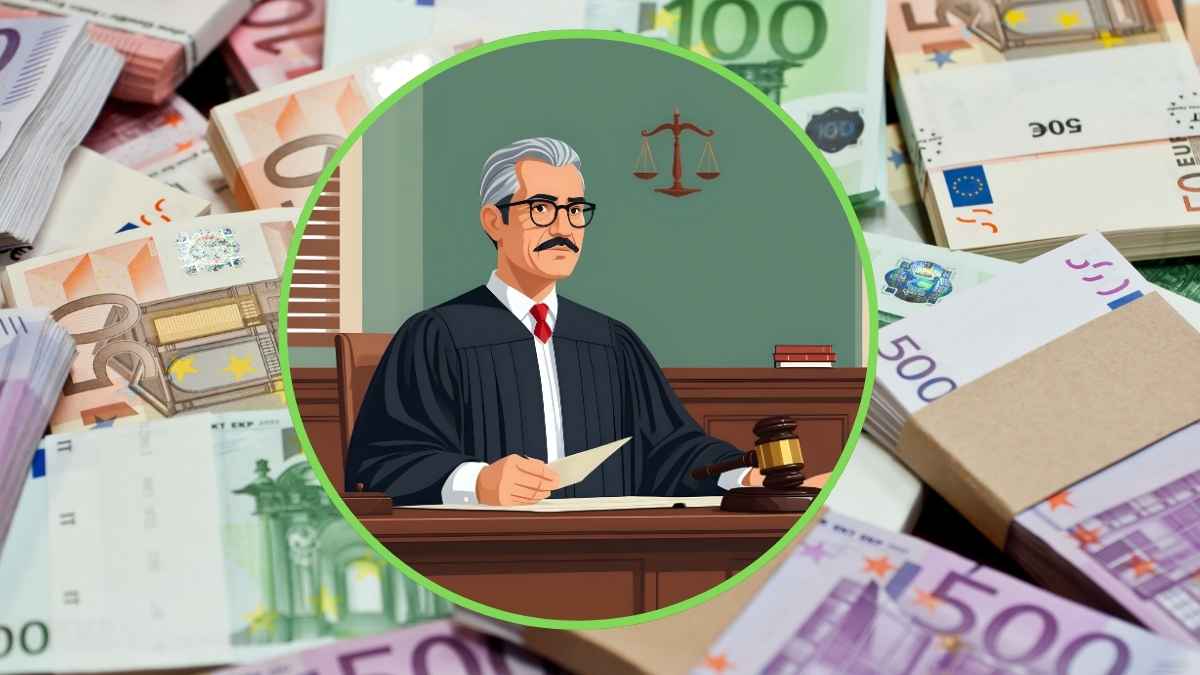 Ilustración de un juez ante varios fajos de billetes de euro por una reclamación del SEPE a un jubilado