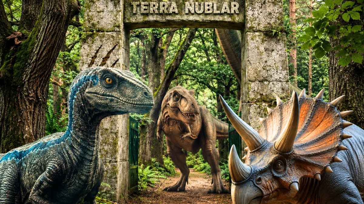 Entrada al parque Terra Núblar en Lugo con réplicas de dinosaurios a tamaño real entre ellas un Tyrannosaurus rex y un Triceratops