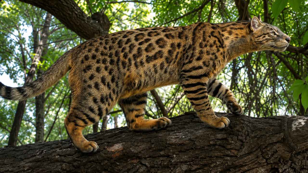 Recreación de Proailurus caminando sobre la rama de un árbol, considerado uno de los primeros felinos verdaderos.