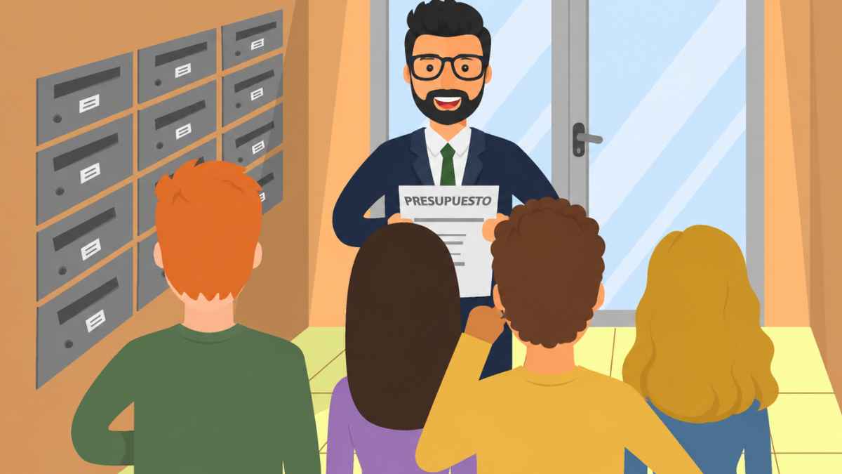 Presidente de una comunidad de vecinos durante una junta con varios propietarios en el portal del edificio.