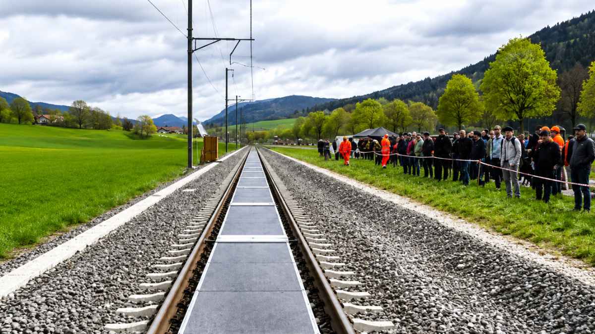 Paneles solares instalados entre las vías del tren en Suiza para generar electricidad
