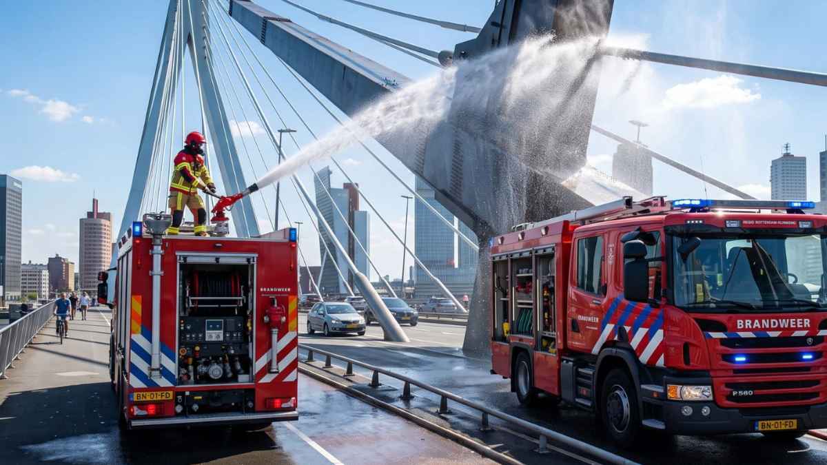 Bomberos refrigeran con agua las juntas de un puente durante una ola de calor para evitar daños en la estructura.