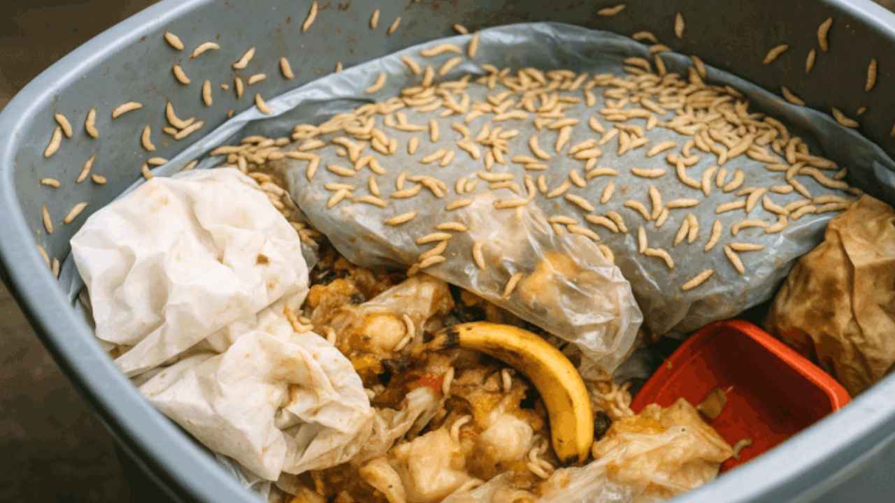 Cubo de basura doméstico con la tapa cerrada situado en una zona de sombra.
