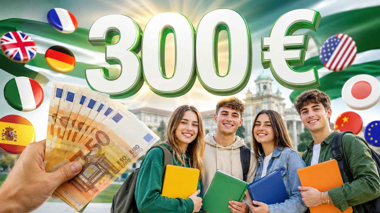 Estudiantes universitarios andaluces junto a billetes de euro y símbolos de distintos idiomas