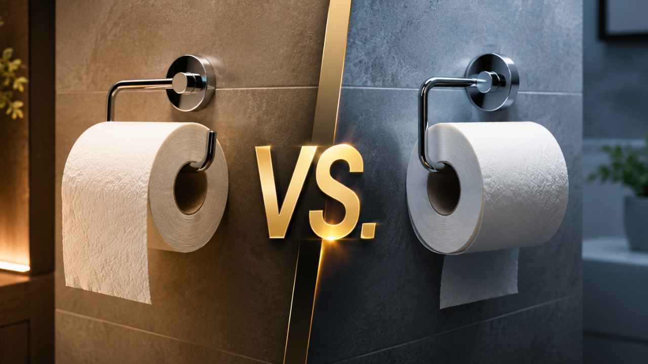 Dos rollos de papel higiénico colocados hacia delante y hacia atrás en un baño