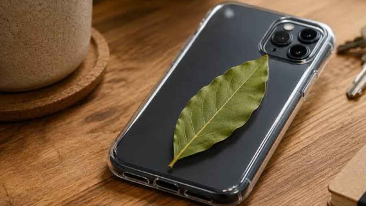 Hoja de laurel colocada entre un teléfono móvil y una funda transparente