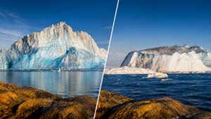 Una cámara graba cómo un iceberg gigante pierde la estabilidad y vuelca ante la costa de Ilulissat en Groenlandia