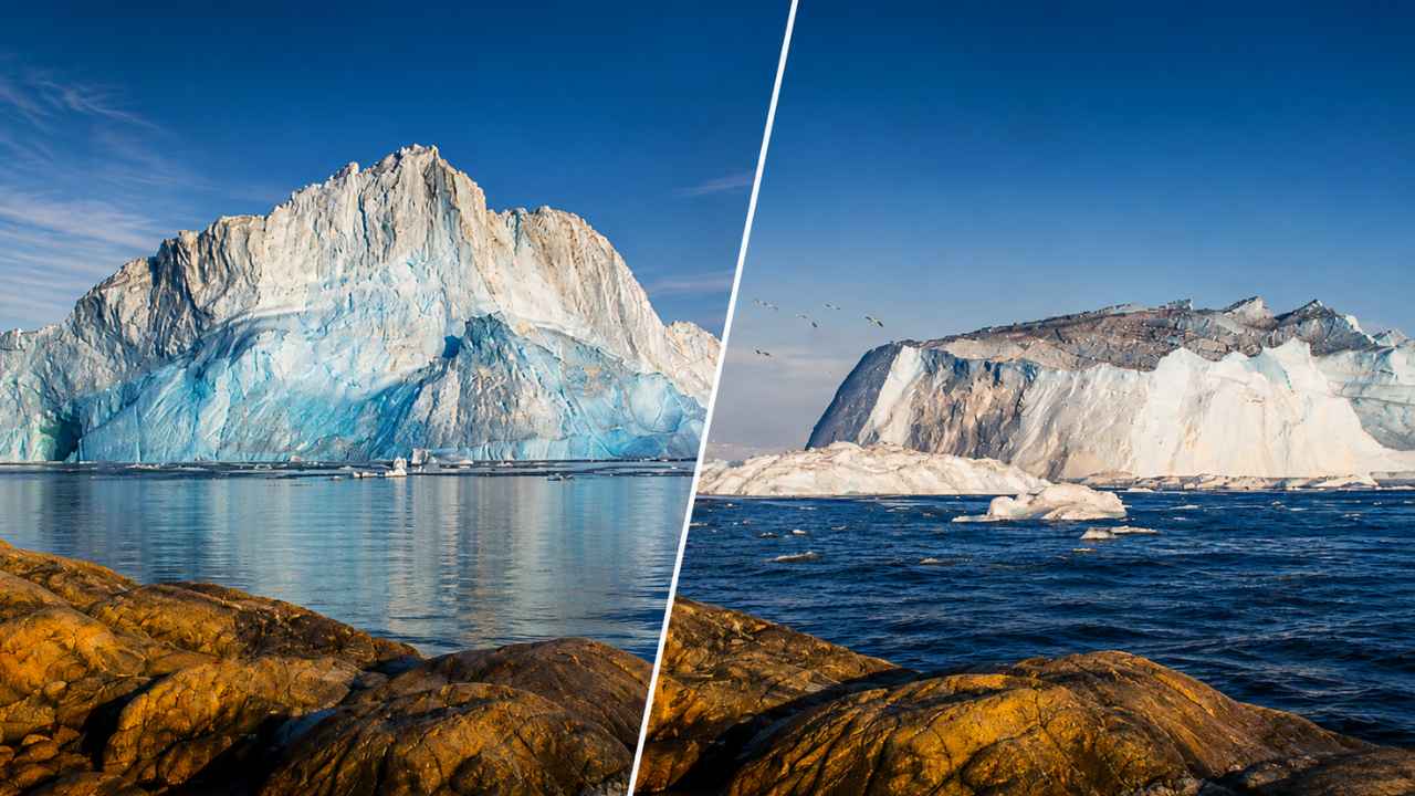 Iceberg gigantesco volcando frente a la costa de Ilulissat, en Groenlandia.