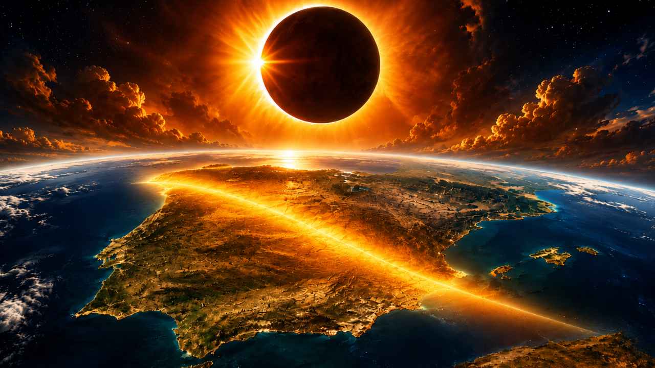 Eclipse total de Sol sobre España durante el atardecer del 12 de agosto de 2026
