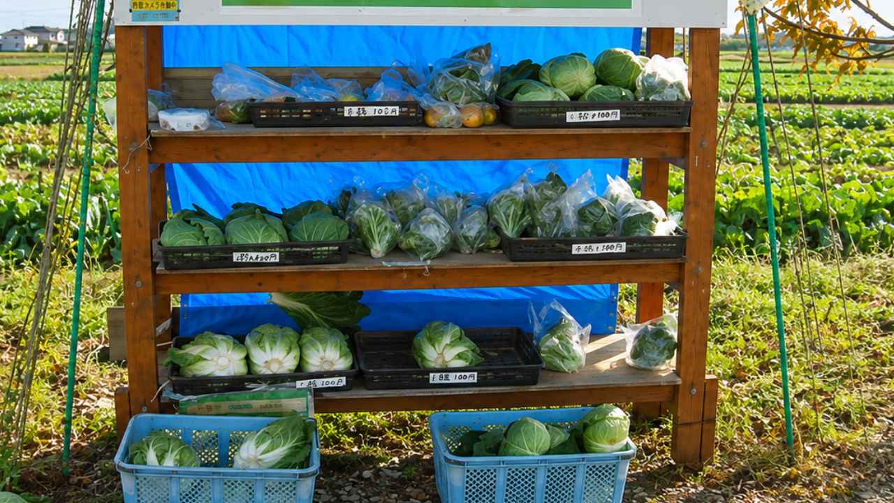 Puesto mujin hanbai con verduras frescas y una caja de pago en Japón