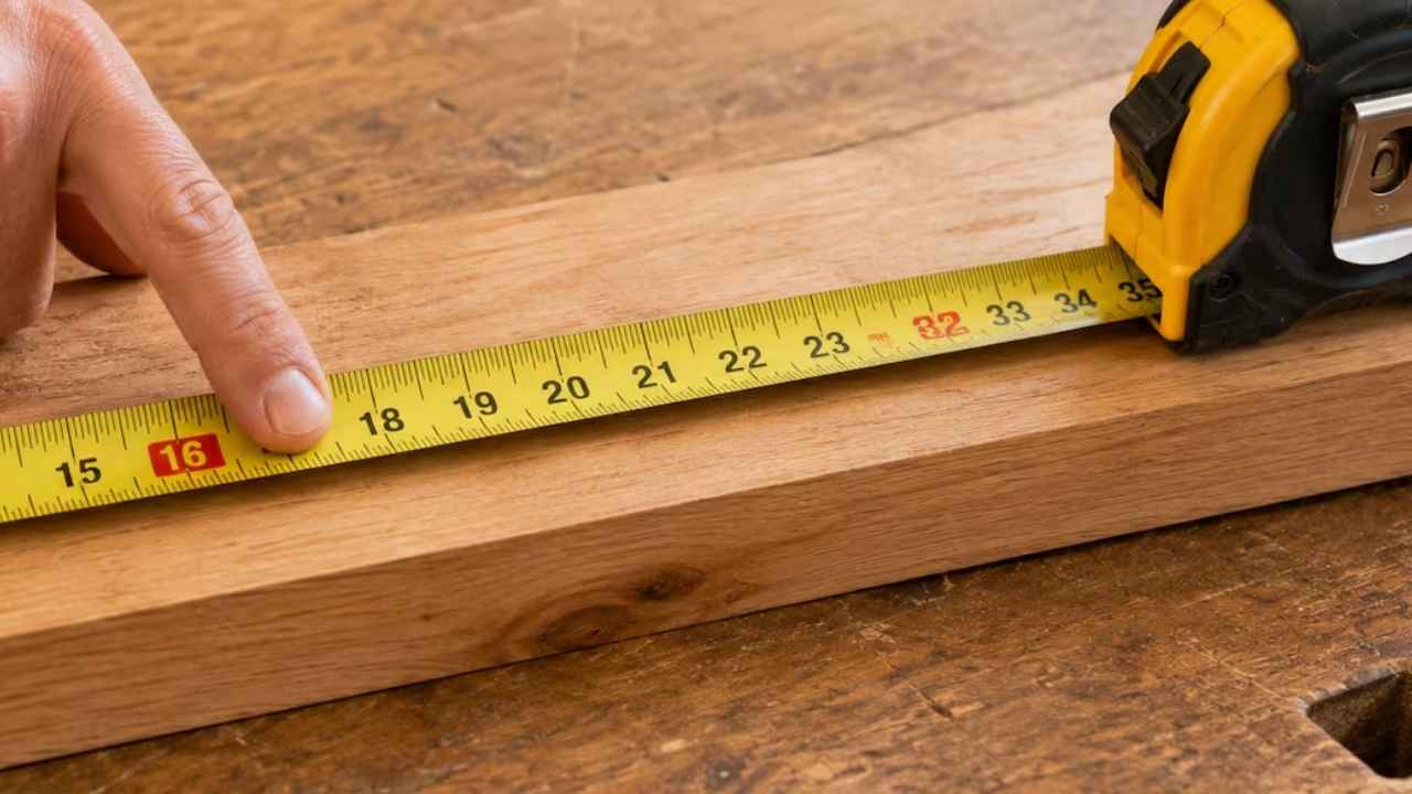 Cinta métrica extendida sobre madera con el número 16 resaltado en rojo