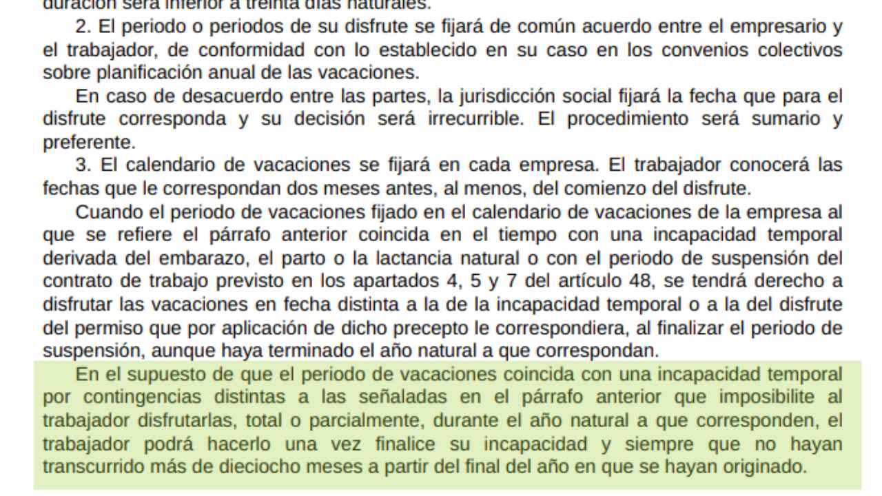 Artículo 38 del Estatuto de los Trabajadores sobre vacaciones durante una incapacidad temporal