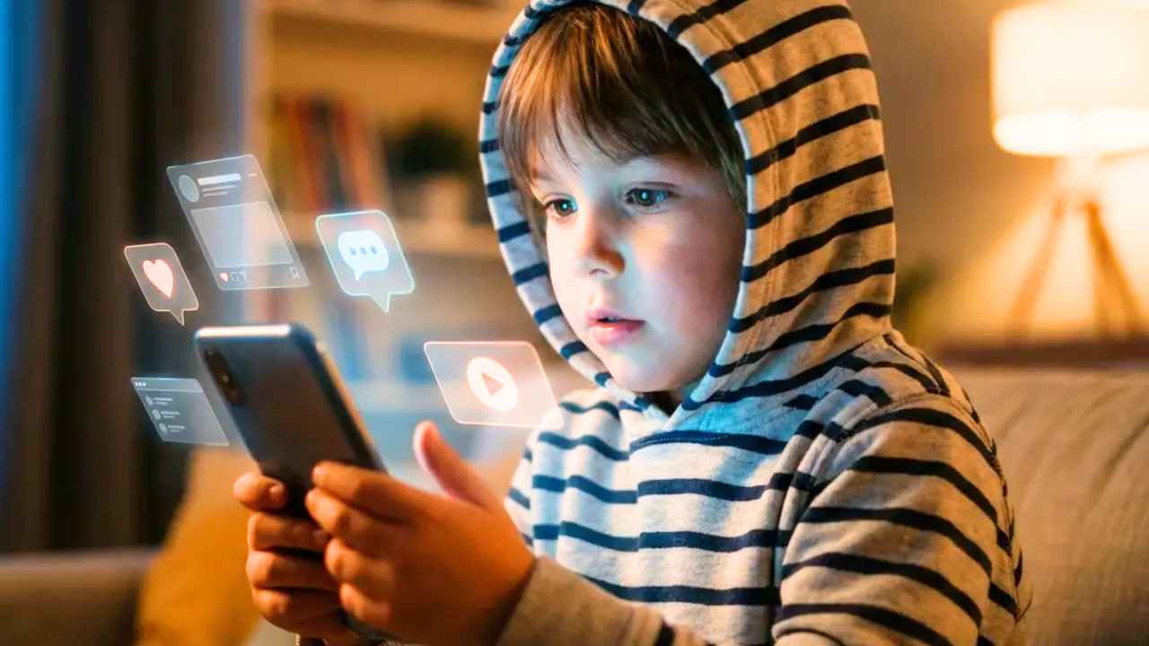 Niño utilizando un teléfono móvil con iconos de redes sociales en pantalla