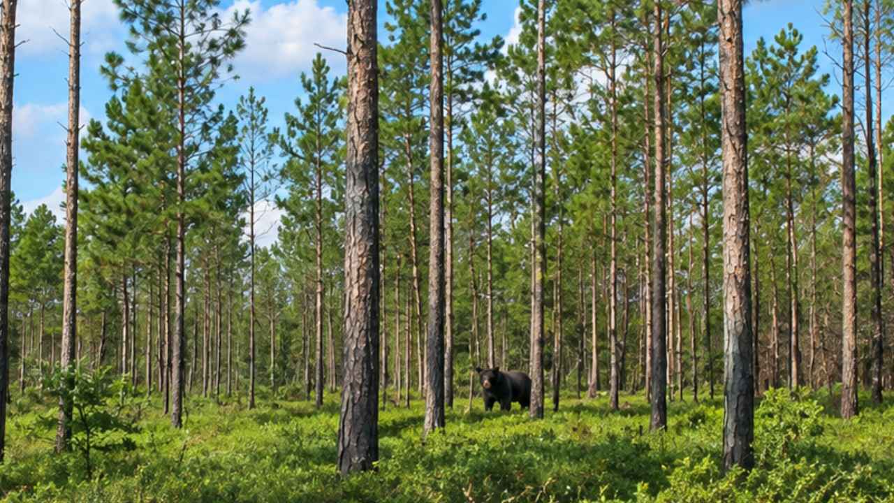 Oso negro entre pinos en la reserva natural de Nokuse, en Florida