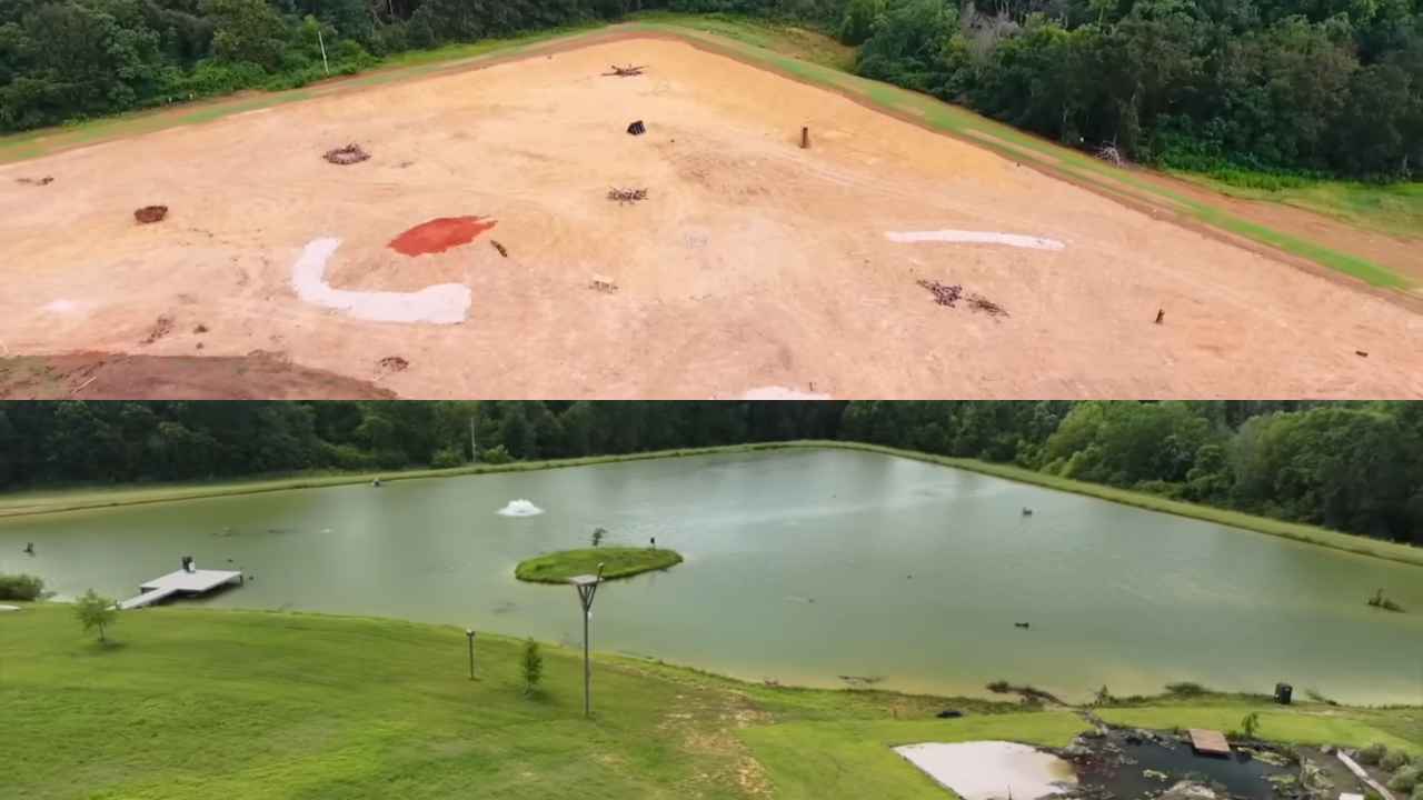 Antes y después del lago construido con 850 camiones para criar lubinas