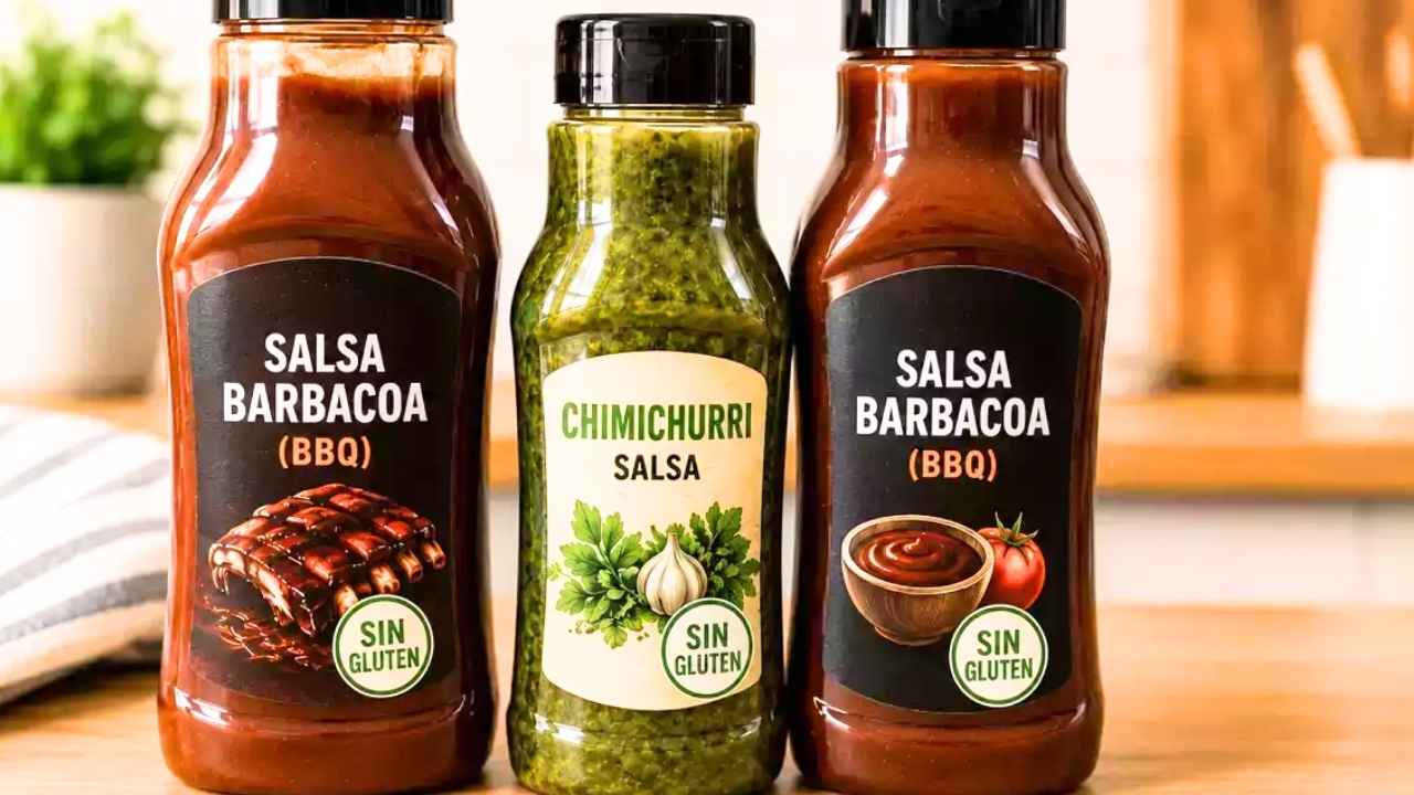 Botellas de salsa barbacoa y chimichurri etiquetadas como sin gluten