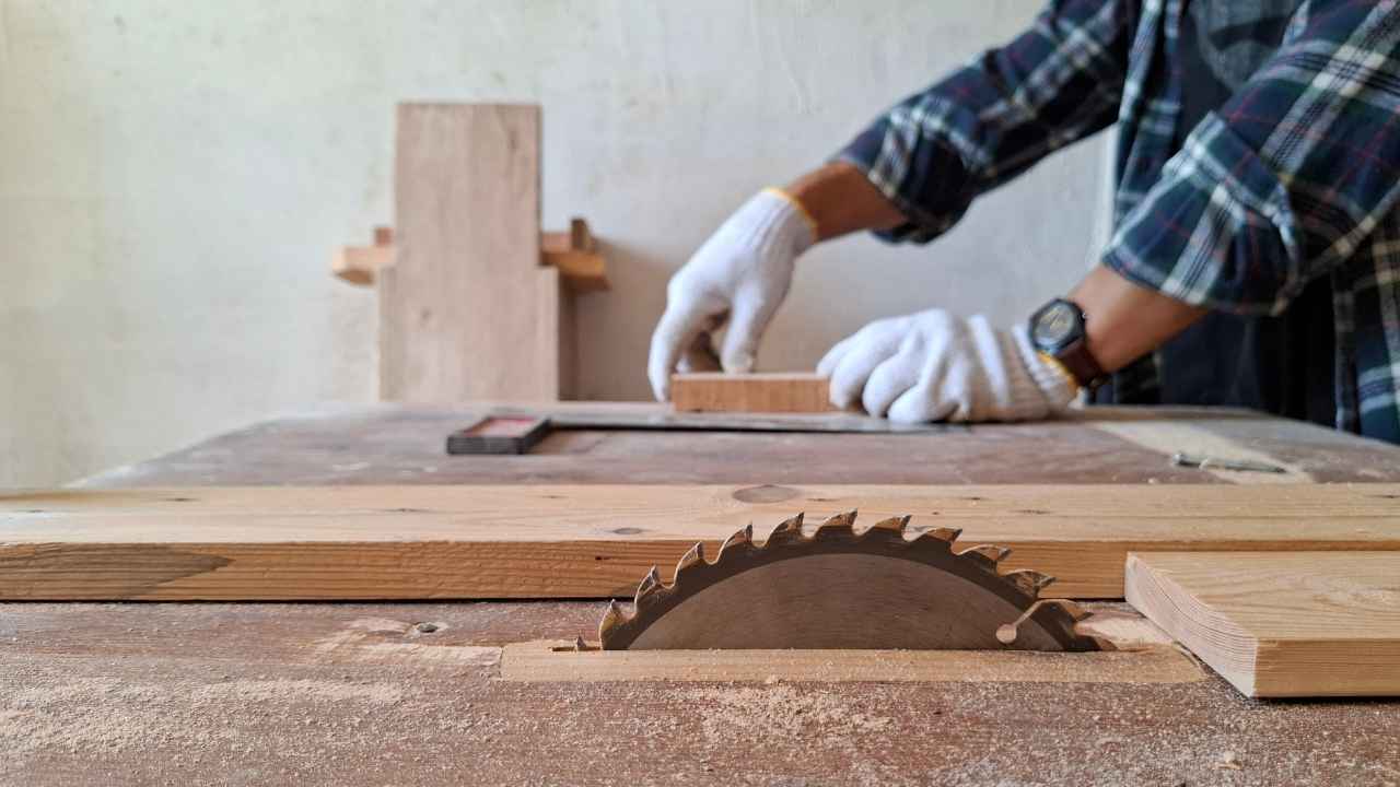 Carpintero trabajando la madera en un taller para fabricar e instalar una puerta