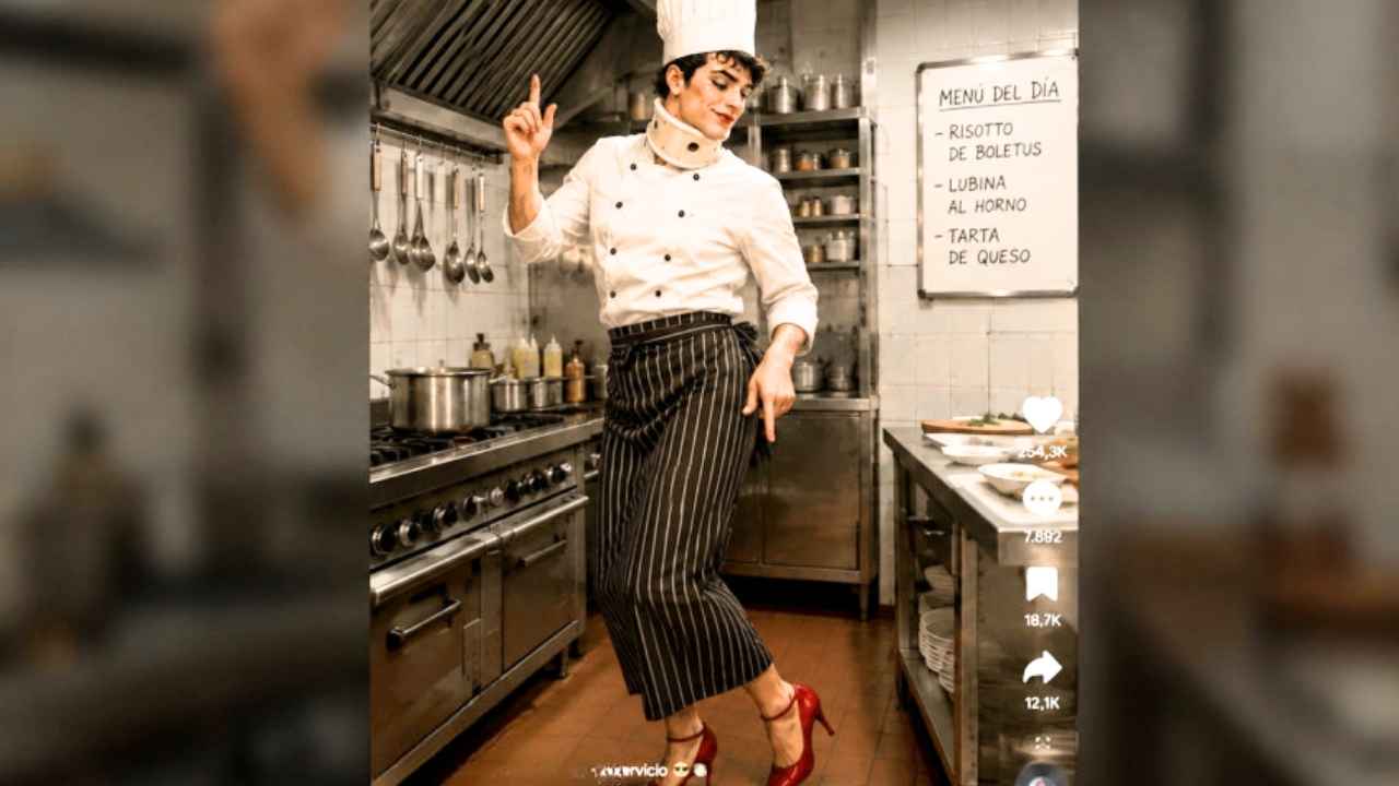 Cocinero bailando con tacones en una cocina profesional