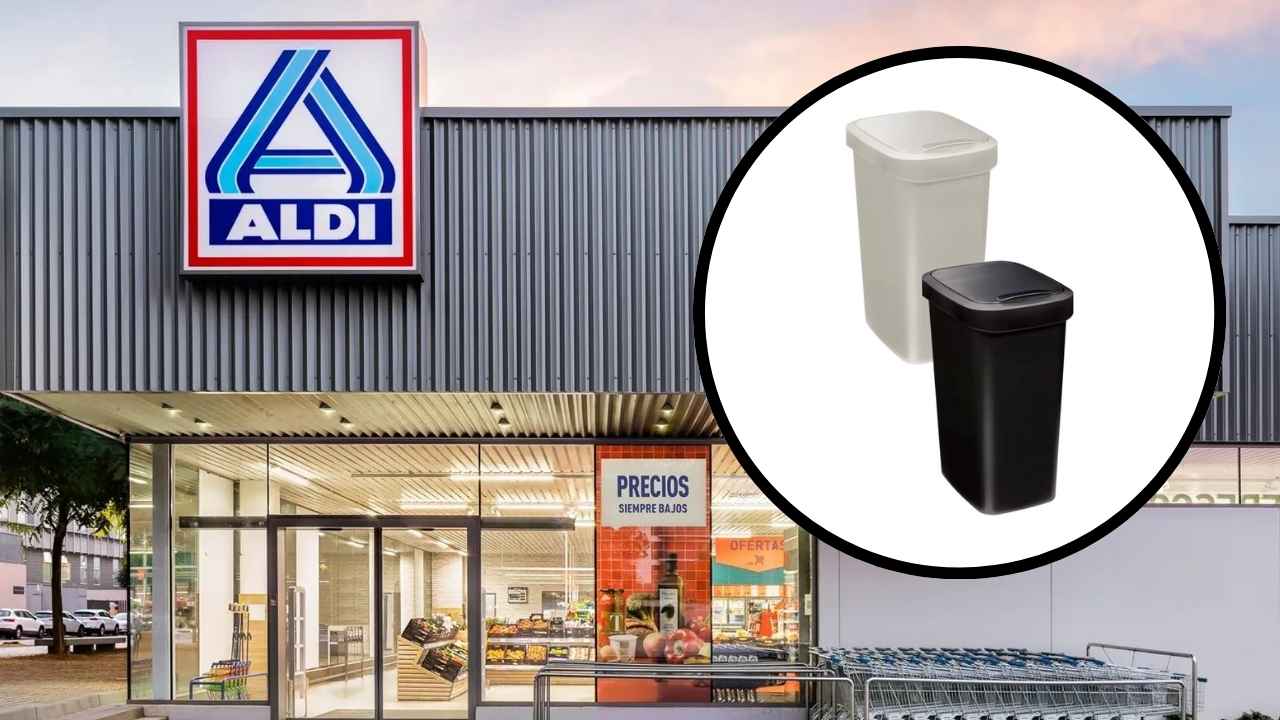 Fachada de un supermercado Aldi junto a dos cubos de basura HOME CREATION, gris y negro.