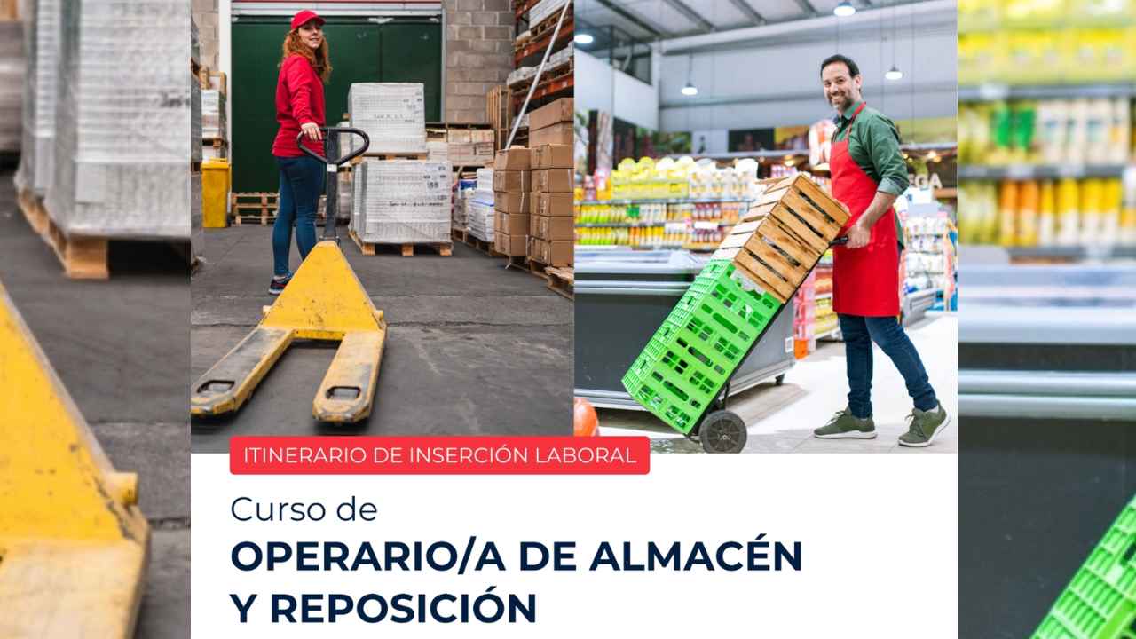 Cartel del curso de operario de almacén y reposición, con trabajadores utilizando una transpaleta y transportando cajas.