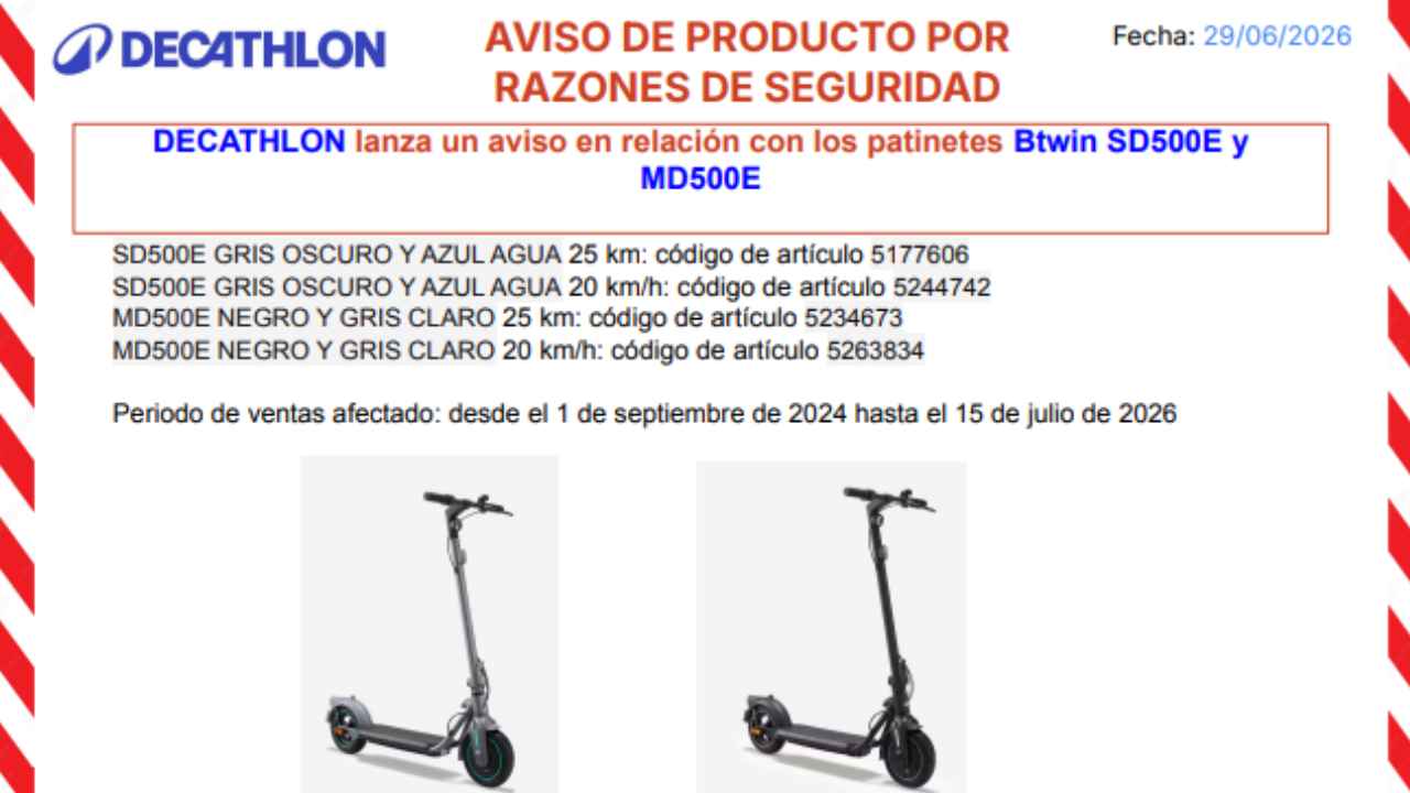 Aviso de seguridad de Decathlon para los patinetes Btwin SD500E y MD500E
