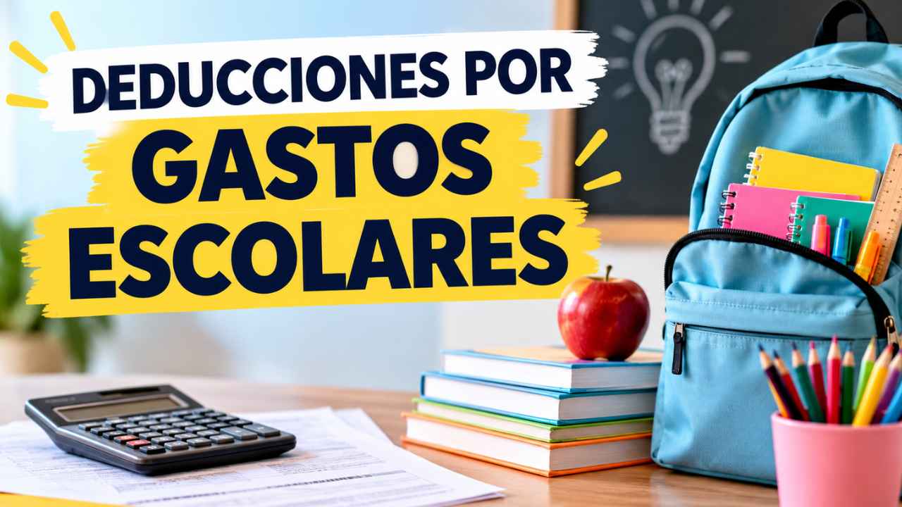 Material escolar y calculadora junto a una mochila para ilustrar las deducciones por gastos escolares de 2026