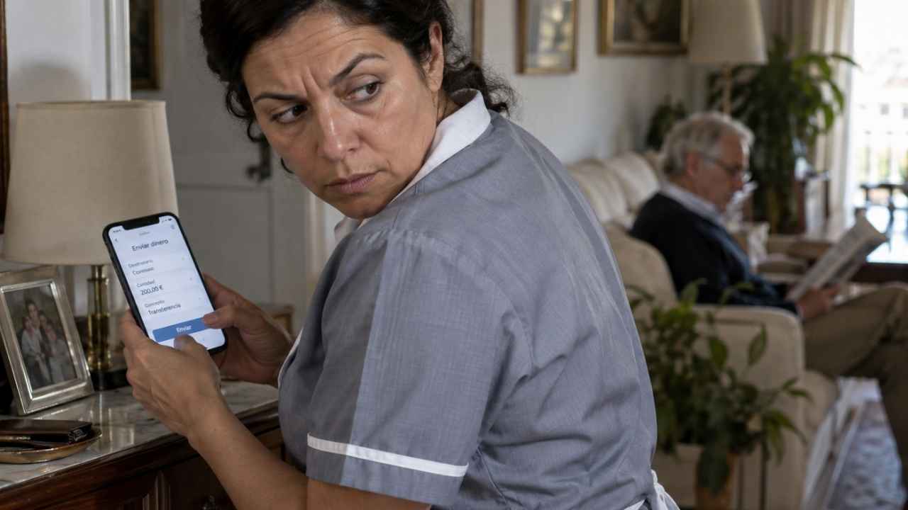 Empleada del hogar utilizando el móvil de su jefe para realizar una transferencia de dinero