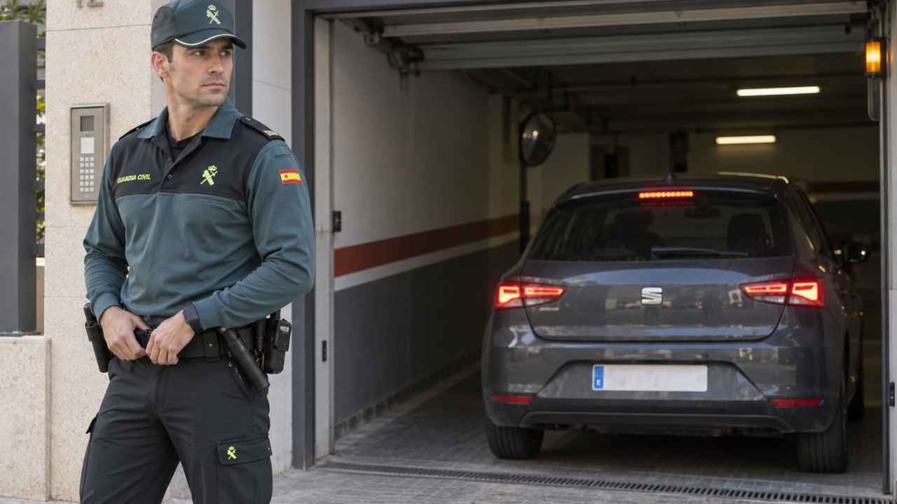 Agente de la Guardia Civil junto a un garaje mientras un coche entra