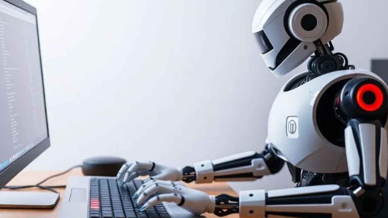 Robot utilizando un ordenador para representar una prueba sobre inteligencia artificial y apagado