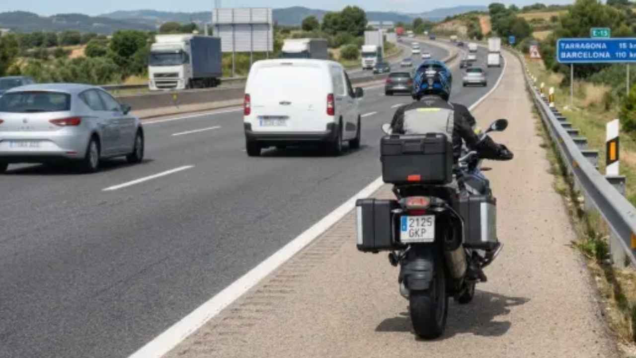 Motorista circulando por el arcén de una autovía junto a varios vehículos