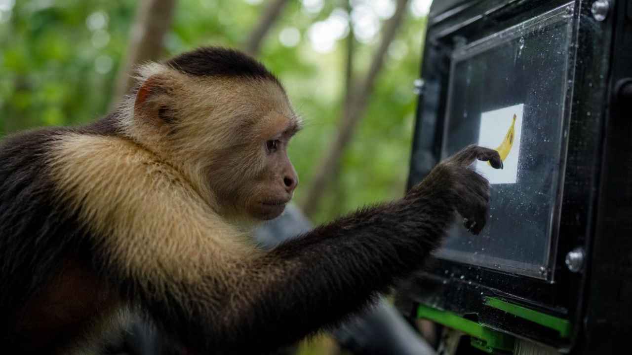 Mono capuchino tocando una pantalla táctil durante una prueba cognitiva