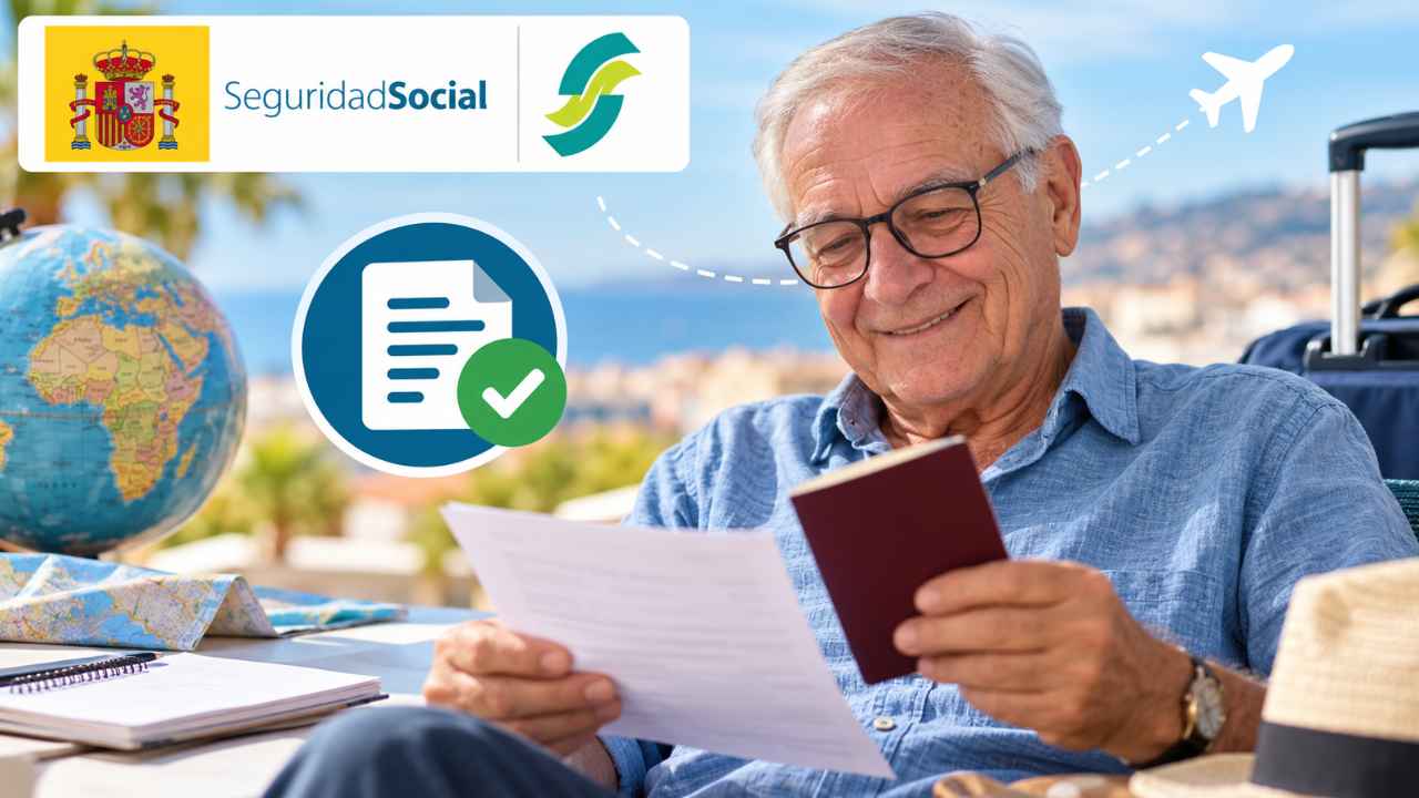 Pensionista en el extranjero con documentación y pasaporte junto al logotipo de la Seguridad Social