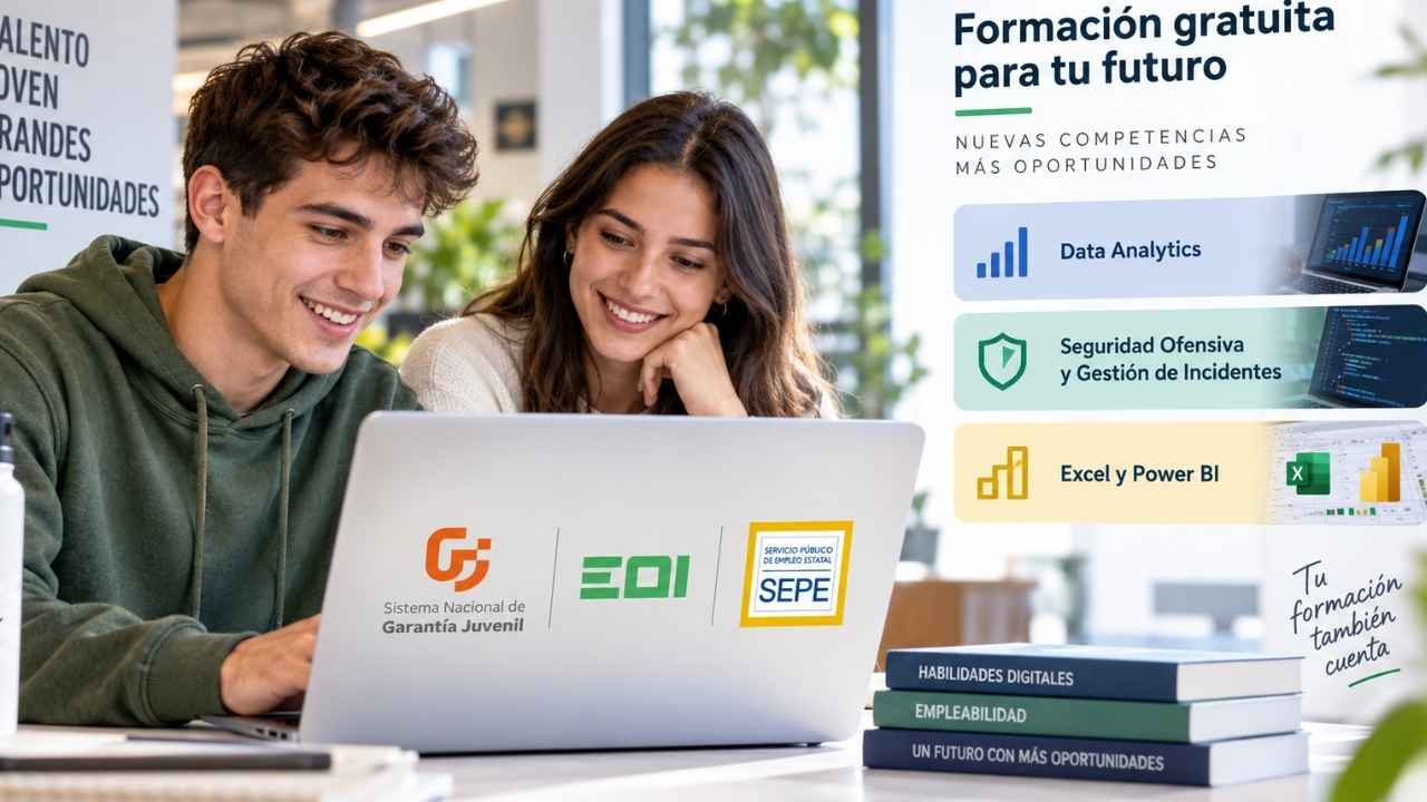 Jóvenes realizando formación digital con los logotipos de SEPE, EOI y Garantía Juvenil.