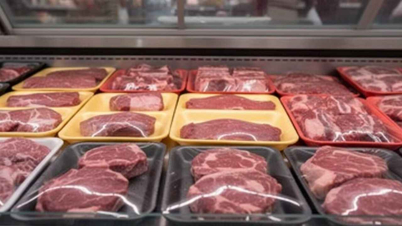 Bandejas negras, amarillas y rojas con carne en un supermercado