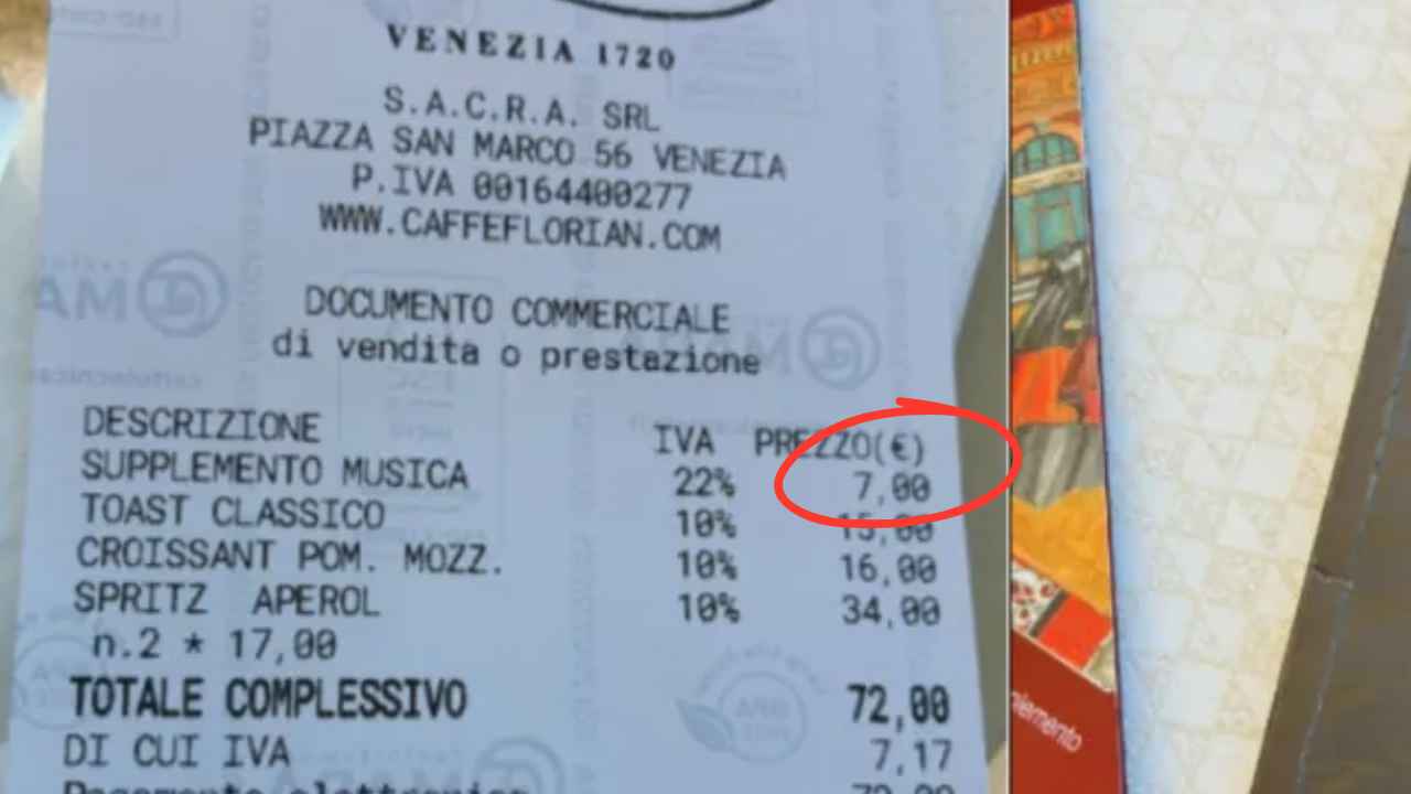 Ticket del Caffè Florian de Venecia con un suplemento musical de 7 euros señalado en rojo.