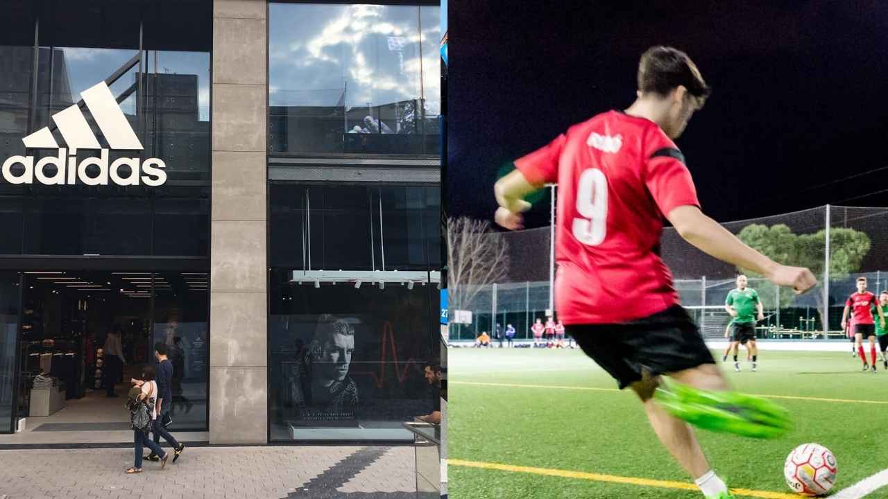 Fachada de una tienda Adidas junto a un futbolista disputando un partido, imagen que ilustra el despido de un trabajador durante su baja médica.