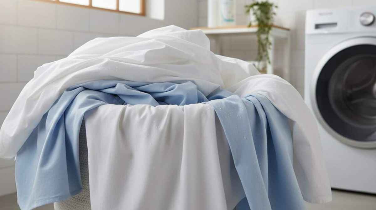 Sábanas blancas y azules junto a una lavadora antes de lavarlas a 60 grados
