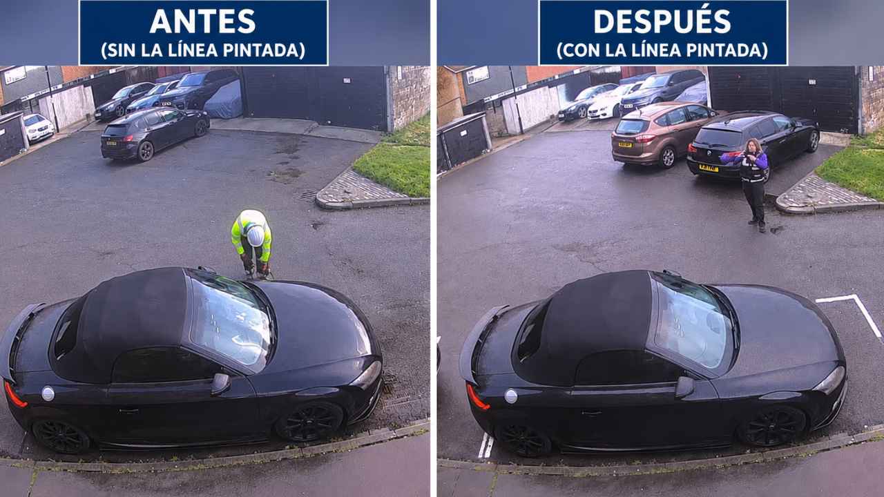 Comparativa de un Audi negro aparcado antes y después de pintar las líneas de una plaza reservada alrededor del vehículo.