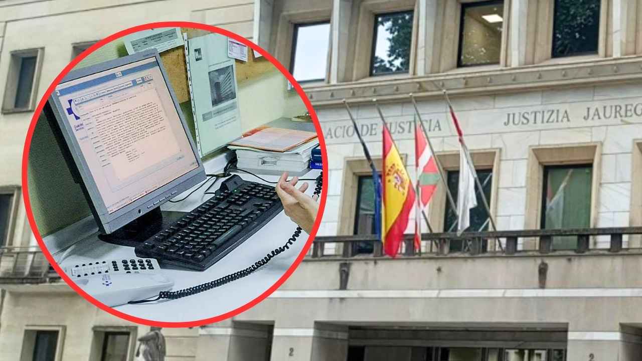 Fachada del Palacio de Justicia del País Vasco con una imagen superpuesta de un ordenador utilizado para consultar documentos.