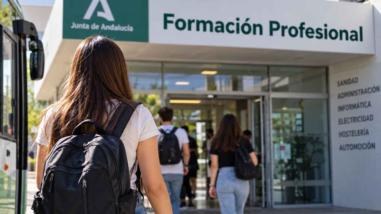 Estudiantes entrando en un centro de Formación Profesional de Andalucía, donde pueden solicitar ayudas de desplazamiento de hasta 1.000 euros