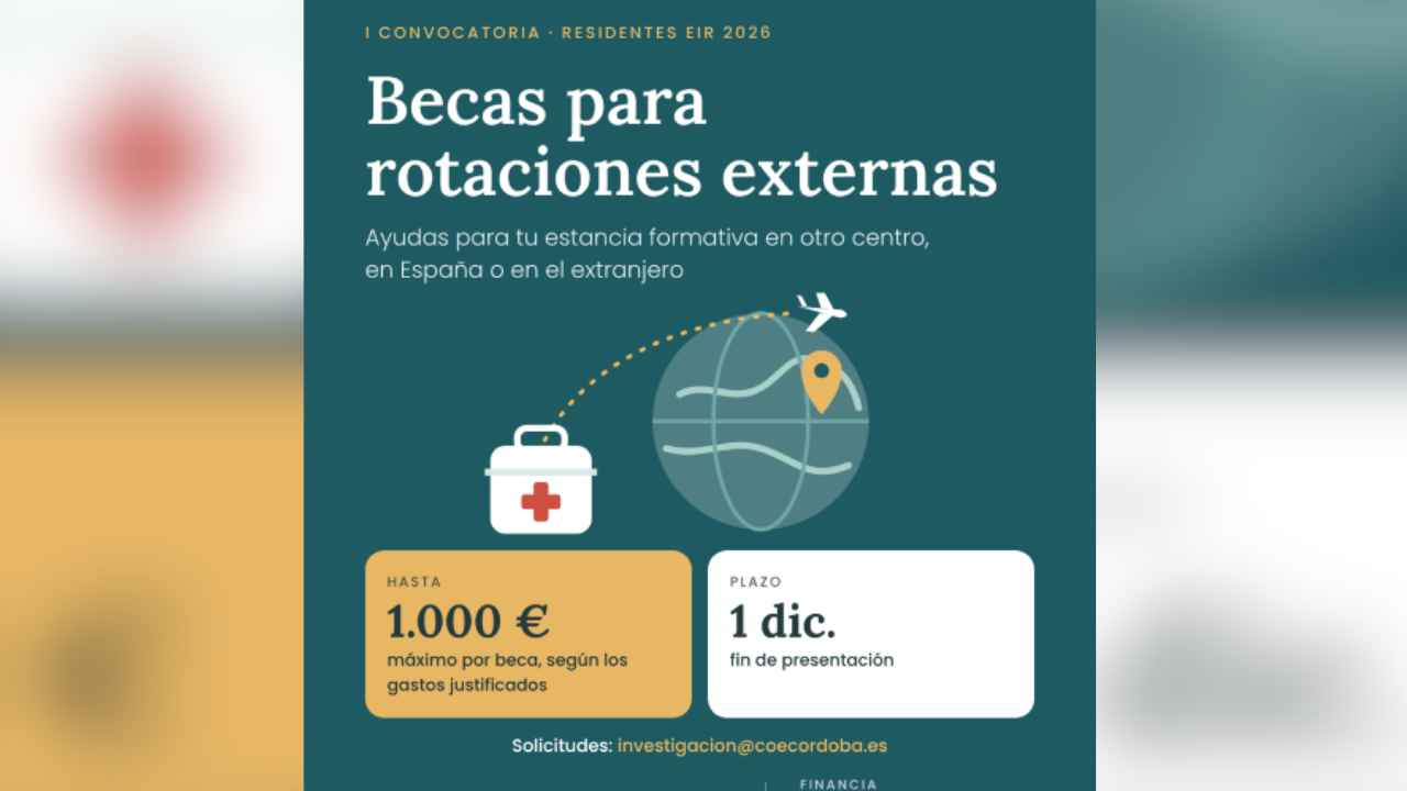 Cartel de las becas EIR 2026 del Colegio de Enfermería de Córdoba para rotaciones externas de hasta 1.000 euros, con plazo hasta el 1 de diciembre.