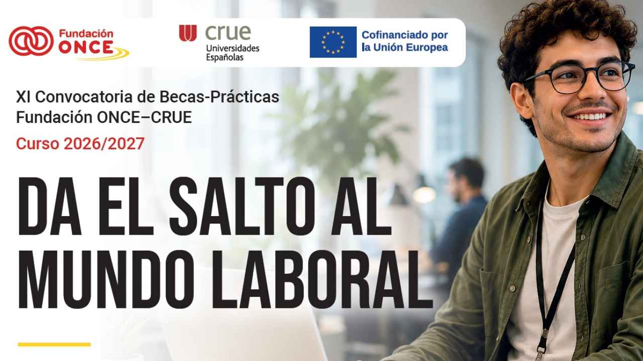 Cartel de las becas de prácticas Fundación ONCE-CRUE para universitarios con discapacidad