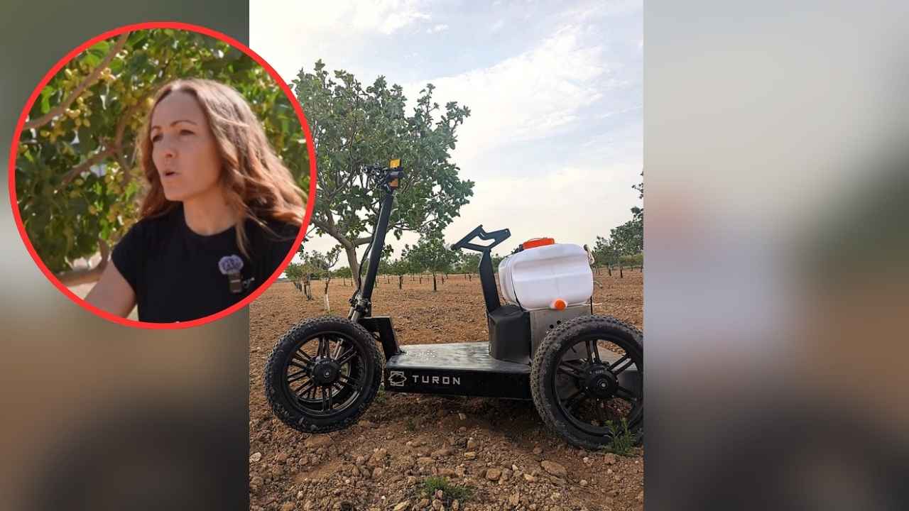 Patinete agrícola TURON con depósito de pulverización en un campo de cultivo y una mujer en una imagen superpuesta.