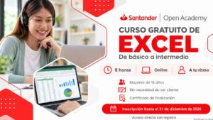 Santander ofrece un curso gratuito de Excel de 8 horas con certificado y sin necesidad de ser cliente