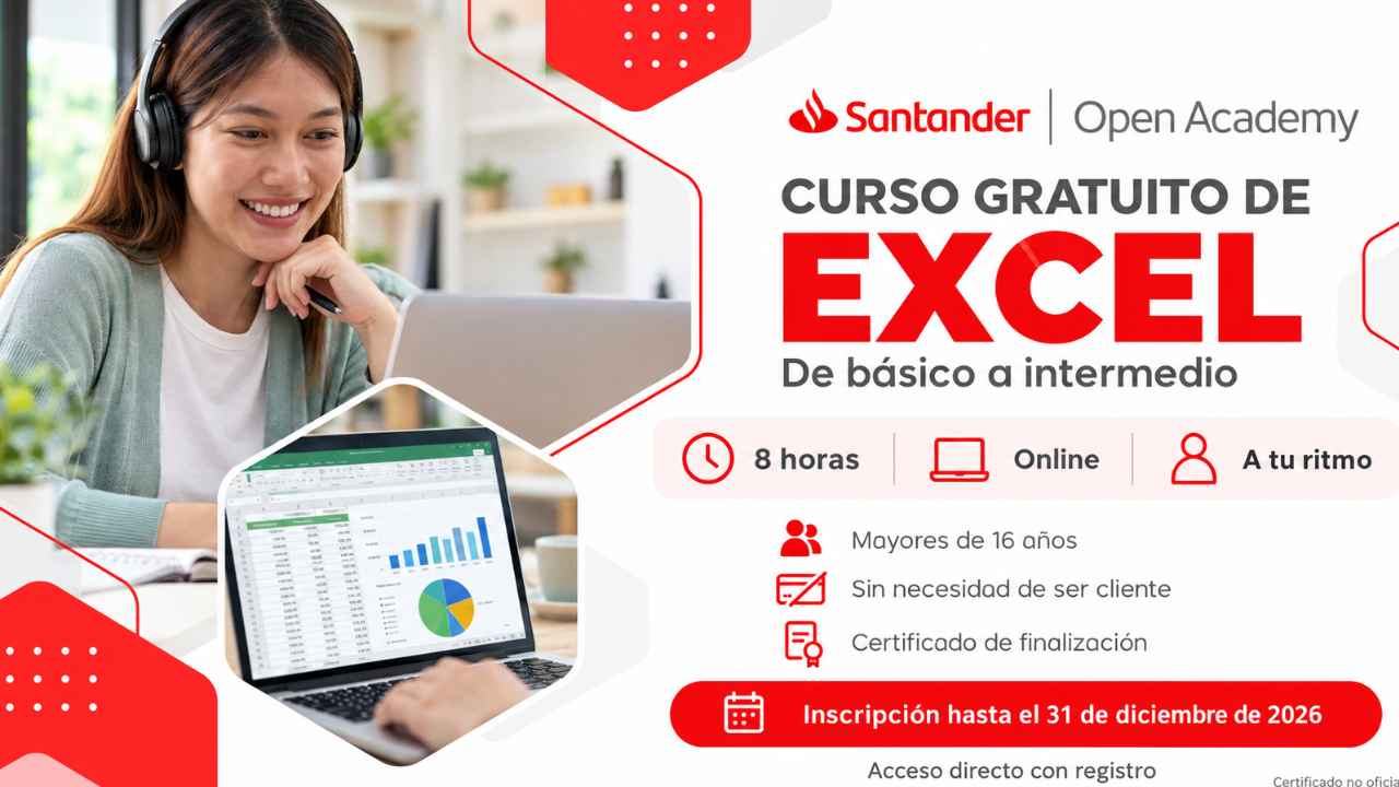 Composición informativa del curso gratuito de Excel de Santander Open Academy, con una mujer ante un portátil y los datos de inscripción.